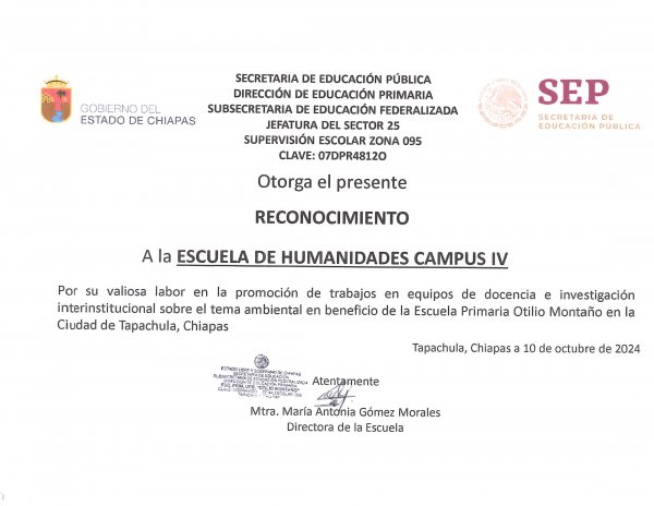 Otorgan Reconocimento a la Escuela de Humanidades, C-IV