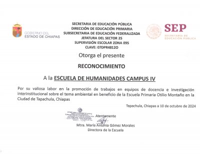 Otorgan Reconocimento a la Escuela de Humanidades, C-IV